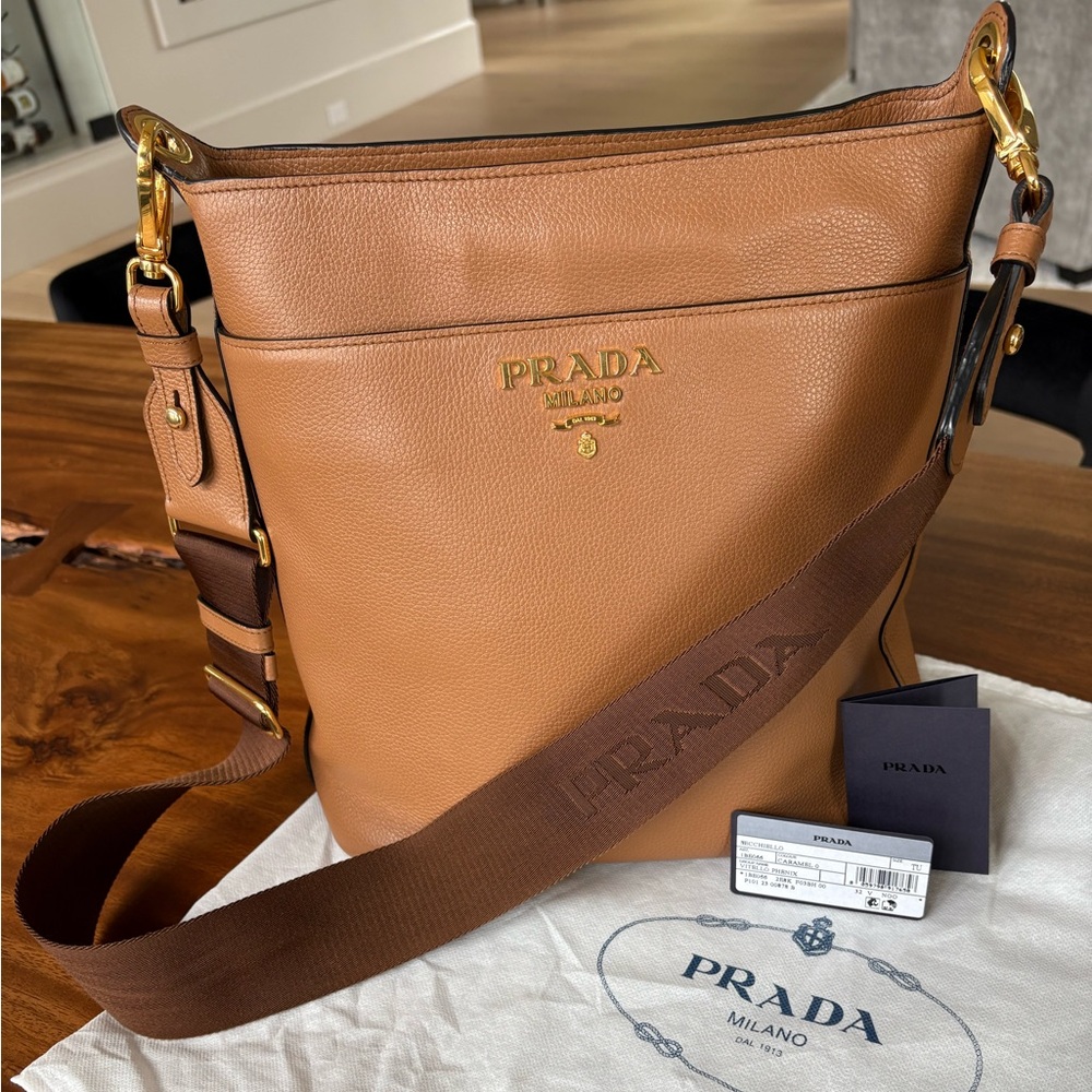 Prada Bucket Shoulder Bag Guitar Strap Vitello Phenix 1BE066